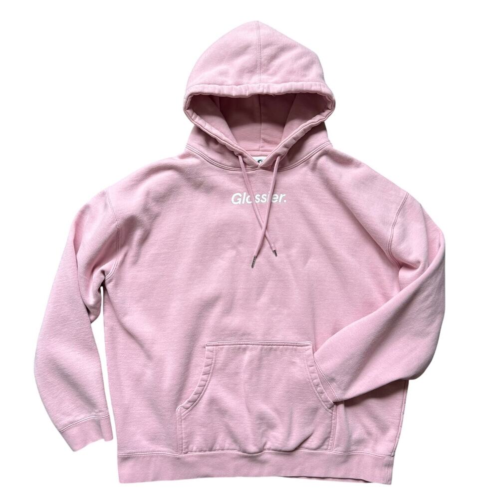 Glossier Original Comfy Pink Logo Hoodie Sweatshirt Fleece Cotton Blend Size XL